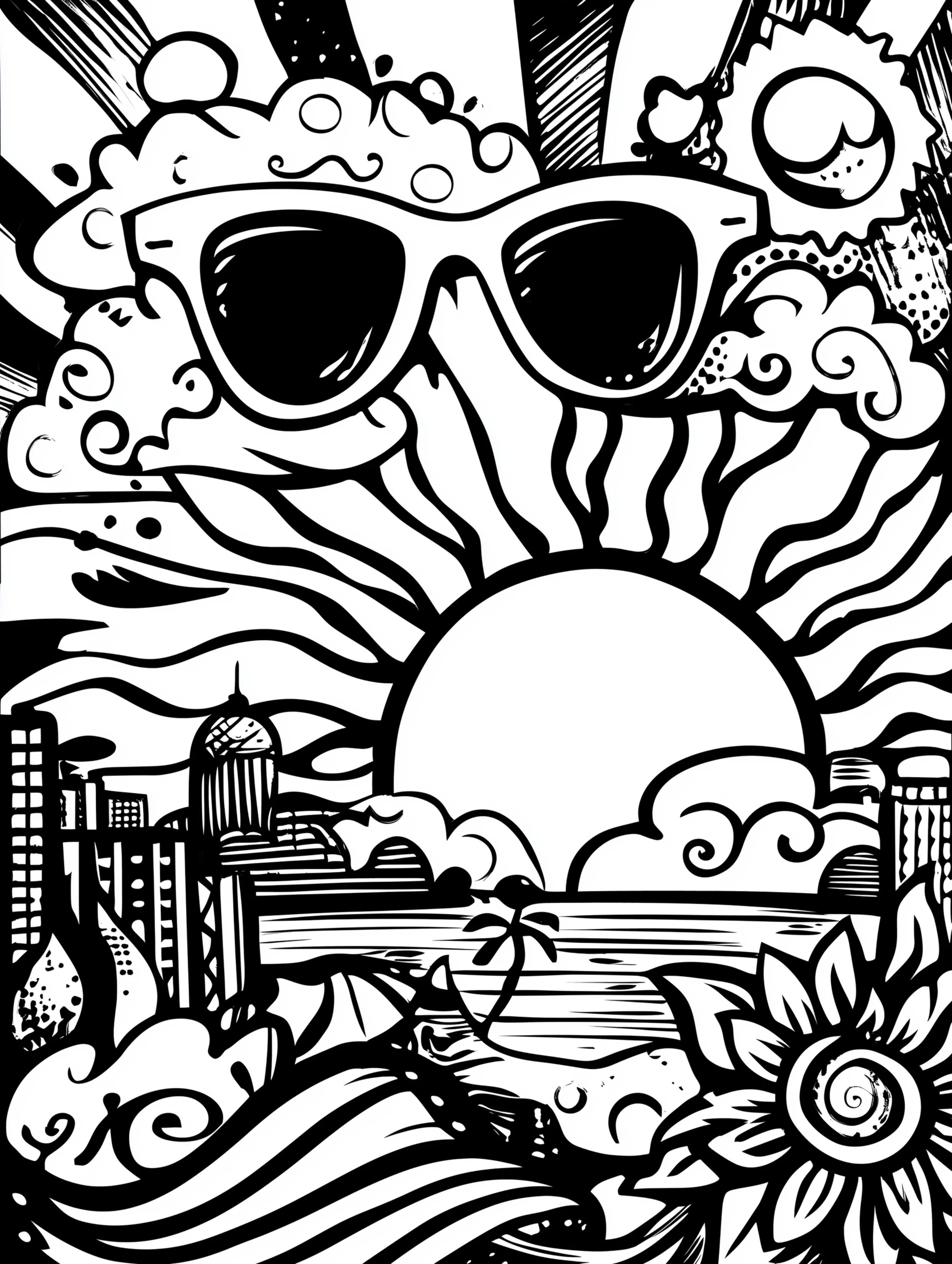 Free printable summer coloring page for adults featuring sunglasses and sun in the sky over a city